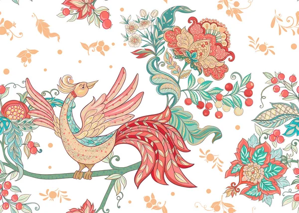 Fantaisie Motif Floral Sans Couture Avec Oiseau Dans Style Broderie — Image vectorielle