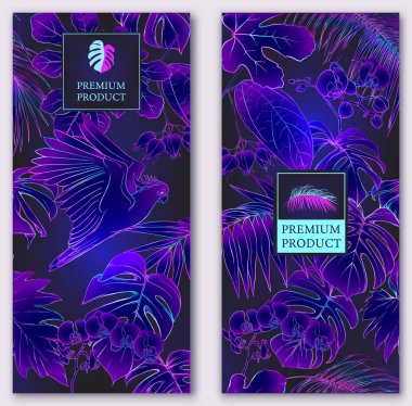 İki şablonları premium ürün veya kartları, tropikal bitkiler, palm, canavarlar, orkide ve kuşlar ile davet için bir etiket kümesi. Anahat el vektör çizim neon renkli çizimi 