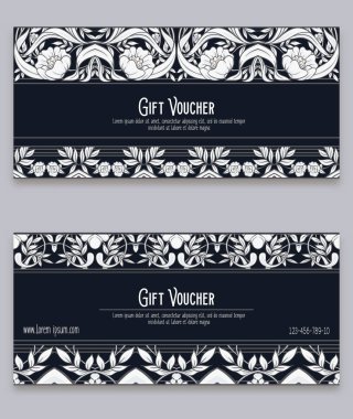 Çiçek desenli art nouveau tarzında, vintage, eski, retro tarzı. Hediye çeki. Renkli vektör çizim. Siyah-beyaz grafik. 