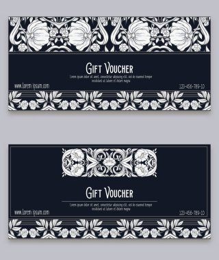 Çiçek desenli art nouveau tarzında, vintage, eski, retro tarzı. Hediye çeki. Renkli vektör çizim. Siyah-beyaz grafik. 