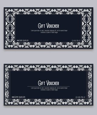 Çiçek desenli art nouveau tarzında, vintage, eski, retro tarzı. Hediye çeki. Renkli vektör çizim. Siyah-beyaz grafik. 