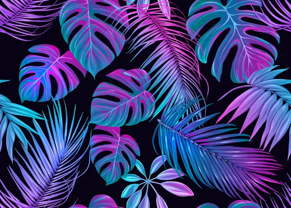 Tropic Daun Pola Mulus Dalam Warna Neon Ilustrasi Vektor Berwarna - Stok Vektor