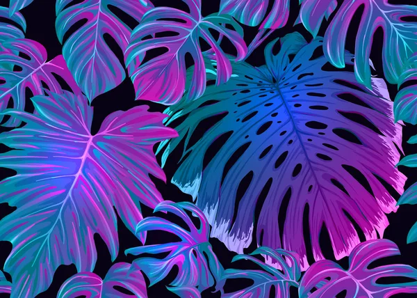 Tropik yapraklar neon renkli, pürüzsüz desenler bırakır. Renkli vektör çizimi. Siyah arkaplanda izole.