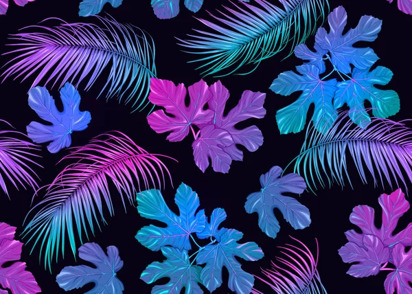 Tropic Daun Pola Mulus Dalam Warna Neon Ilustrasi Vektor Berwarna - Stok Vektor