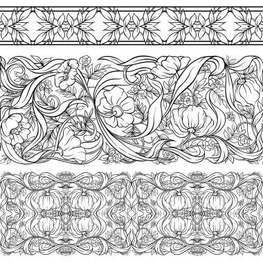  Dikişsiz desen, art nouveau tarzında, vintage, eski, retro tarzı çiçek desenli arka plan. Anahat el vektör çizim çizimi.