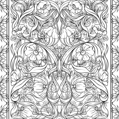  Dikişsiz desen, art nouveau tarzında, vintage, eski, retro tarzı çiçek desenli arka plan. Anahat el vektör çizim çizimi.