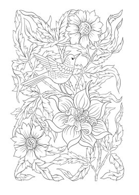 Çiçek desenli, kuşlar art nouveau tarzında, vintage, eski, retro tarzı ile arka plan. Altın rengi ve siyah. Bir dizüstü bilgisayar, tablet, telefon, ürün etiketi kapak için iyi. Anahat el vektör çizim çizimi