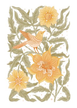 Çiçek desenli, kuşlar art nouveau tarzında, vintage, eski, retro tarzı ile arka plan. Altın rengi ve siyah. Bir dizüstü bilgisayar, tablet, telefon, ürün etiketi kapak için iyi. Vektör çizim