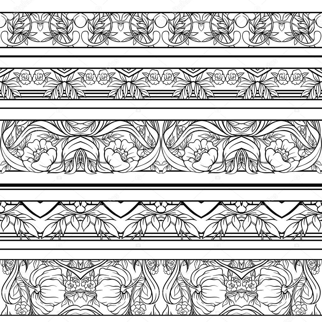  Seamless pattern, background with Floral pattern in art nouveau style, vintage, old, retro style. Outline hand drawing vector illustration.