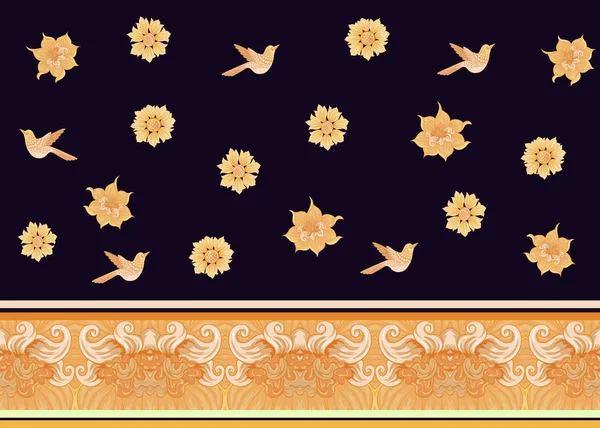 花卉无缝图案 背景与鸟在艺术新风格 复古风格 彩色矢量插图 — 图库矢量图片