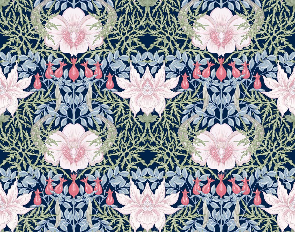 Floral Seamless pattern, background with In art nouveau style, vintage, old, retro style. Colored vector illustration