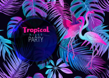 Gece tropikal parti ivitation. Egzotik bitkiler ve palmiye yaprakları ile flamingo neon, floresan renkler içinde. Vektör çizim