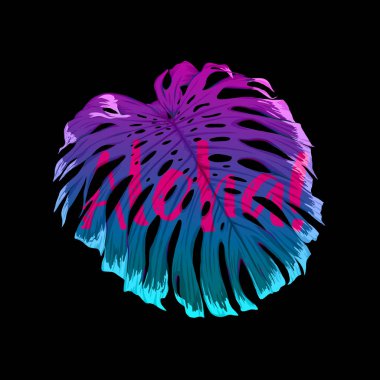 Yaz kompozisyon. Monstera aloha neon, floresan renkler bırakır. Vektör çizim