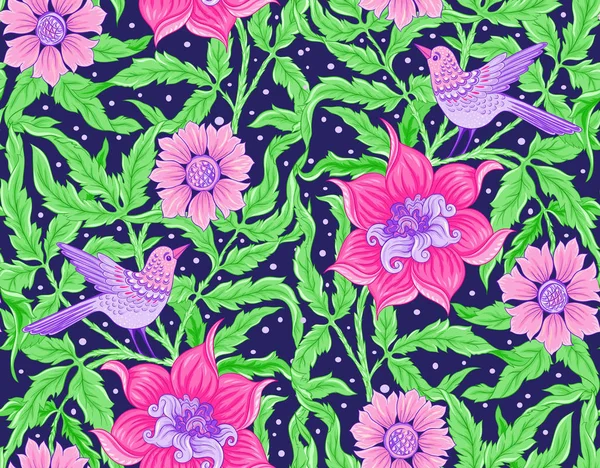 Floral Patrón Sin Costuras Fondo Con Pájaro Estilo Art Nouveau — Vector de stock