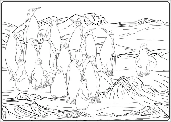 Kolonie Tučňáků Pobřeží Antarktidy Obrys Ruky Kreslení Vektorové Ilustrace Omalovánky — Stockový vektor