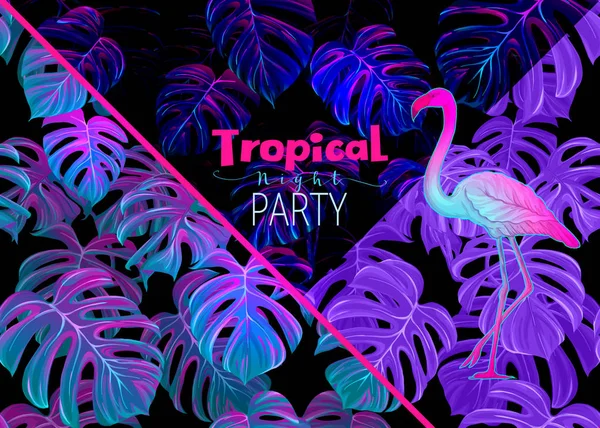 Night Tropical Party Ivitation Exotic Plants Palm Leaves Flamingo Neon — Stock Vector