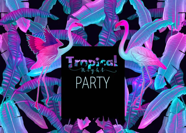 Nacht Tropische Party Ivitation Exotische Pflanzen Und Palmblätter Mit Flamingo — Stockvektor