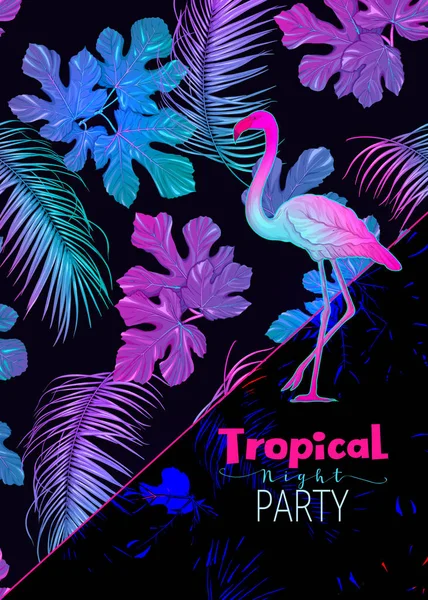 Nuit Fête Tropicale Ivitation Plantes Exotiques Feuilles Palmier Flamant Rose — Image vectorielle