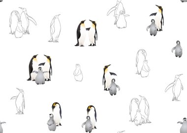 İmparator penguenler seamless modeli. Renkli ve anahat tasarımı. Vektör çizim.