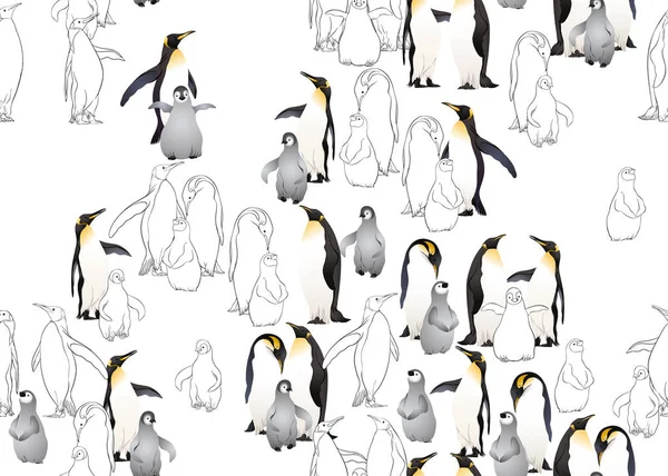 Imperador Pinguins Sem Costura Padrão Desenho Colorido Esboço Ilustração Vetorial — Vetor de Stock