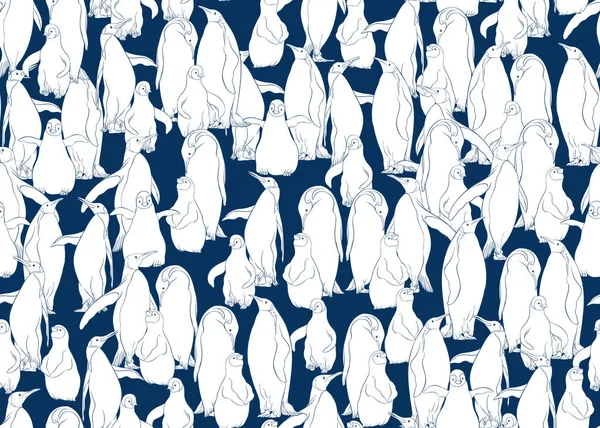 Kejsarpingviner Sömlösa Mönster Färgad Och Kontur Design Vektorillustration — Stock vektor
