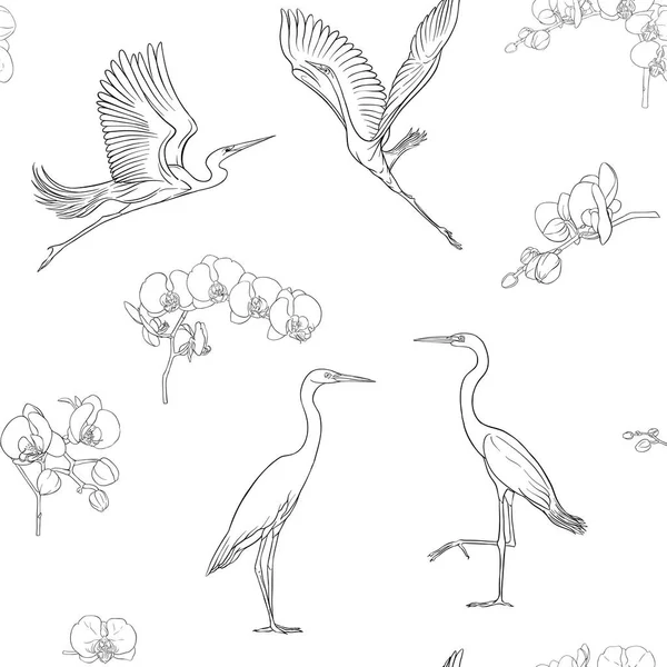 Modèle Sans Couture Fond Avec Des Oiseaux Tropicaux Héron Blanc — Image vectorielle