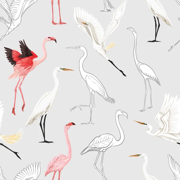Padrão Sem Costura Fundo Com Pássaros Tropicais Garça Branca Flamingo — Vetor de Stock