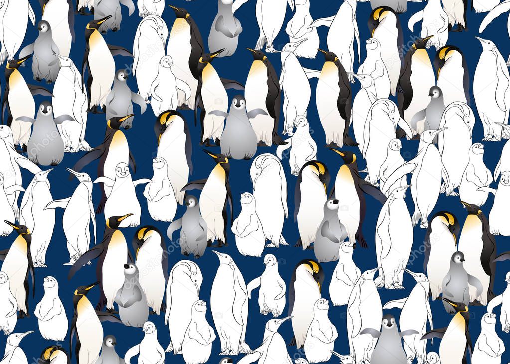 Emperor penguins seamless pattern. Colored and outline design. Vector illustration.