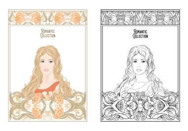 eski, retro, art nouveau tarzında çerçeve çiçek uzun saçlı bir kadın ortrait. Renkli ve anahat tasarımı. Vektör çizim. Boyama kitabı renkli örnek ile theadult için sayfa boyama  