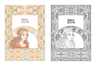 eski, retro, art nouveau tarzında çerçeve çiçek uzun saçlı bir kadın ortrait. Renkli ve anahat tasarımı. Vektör çizim. Boyama kitabı renkli örnek ile theadult için sayfa boyama  