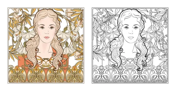 eski, retro, art nouveau tarzında çerçeve çiçek uzun saçlı bir kadın ortrait. Renkli ve anahat tasarımı. Vektör çizim. Boyama kitabı renkli örnek ile theadult için sayfa boyama  
