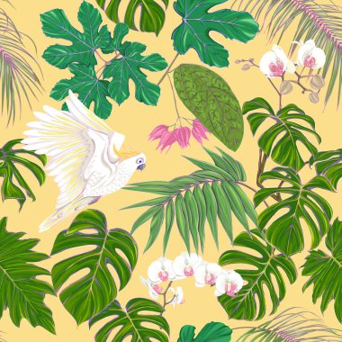 Dikişsiz desen, arka plan. tropikal bitki ve çiçeklerle beyaz orkide ve tropikal kuşlar. Neon, yumuşak sarı zemin üzerine floresan renkler renkli vektör çizim