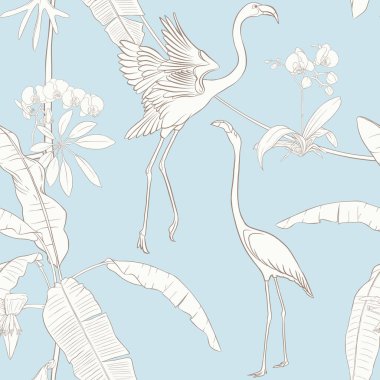 Dikişsiz desen, arka plan. tropikal bitki ve çiçeklerle beyaz orkide ve tropikal kuşlar. Vektör çizim çizim el anahat. Vintage mavi ve bej renklerini.