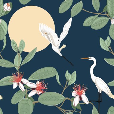 Dikişsiz desen, feijoa çiçek açan çiçekler ve balıkçıllar çiçek desenli arka plan. Vektör çizim gradyanlar ve saydamlık olmadan. Koyu mavi arka plan üzerinde.