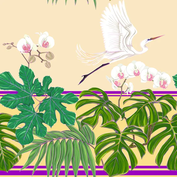 Patrón Sin Costuras Fondo Con Plantas Tropicales Flores Con Orquídeas — Vector de stock