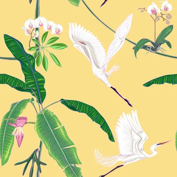 Patrón Sin Costuras Fondo Con Plantas Tropicales Flores Con Orquídeas — Vector de stock