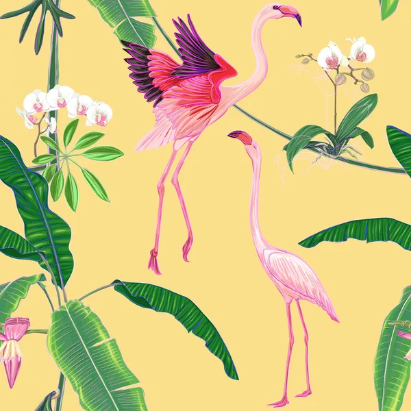 Seamless pattern, background. with tropical plants and flowers with white orchid and tropical birds. Colored vector illustration in neon, fluorescent colors on soft yellow background