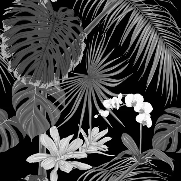 Plantas Tropicales Flores Orquídea Blanca Patrón Sin Costuras Fondo Ilustración — Archivo Imágenes Vectoriales