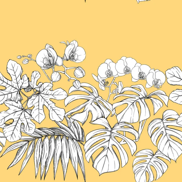Тропічні Рослини Білі Квіти Орхідей Безшовний Візерунок Фон Графічний Малюнок — стоковий вектор