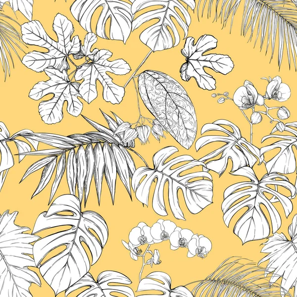 热带植物和白色兰花 无缝模式 图形绘图 雕刻样式 矢量插图 在柔和的黄色背景 — 图库矢量图片