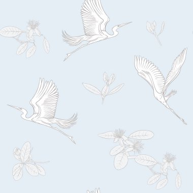 Dikişsiz desen, feijoa çiçek açan çiçekler ve balıkçıllar çiçek desenli arka plan. Vektör çizim gradyanlar ve saydamlık olmadan. Vintage mavi ve bej renklerini.