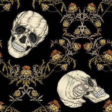İnsan kafatasları ve halk, vintage çiçekler ile Seamless modeli. Nakış taklit. Renkli vektör çizim.