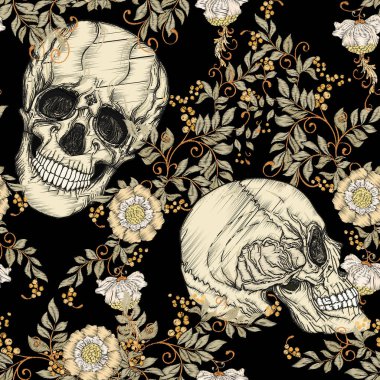 İnsan kafatasları ve halk, vintage çiçekler ile Seamless modeli. Nakış taklit. Renkli vektör çizim.