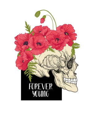 İnsan kafatası sloganı ile. T-shirt, çanta, üzerine baskı temelli kapsar. Vektör çizim. 