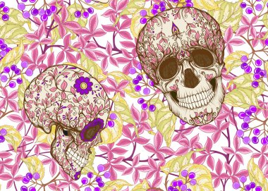 İnsan kafatasları ve bitkiler ile Seamless modeli. Renkli vektör çizim.