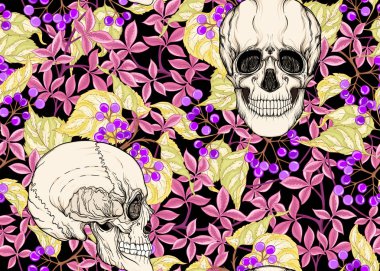 İnsan kafatasları ve bitkiler ile Seamless modeli. Renkli vektör çizim.