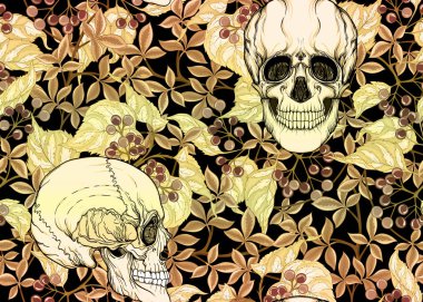 İnsan kafatasları ve bitkiler ile Seamless modeli. Renkli vektör çizim.