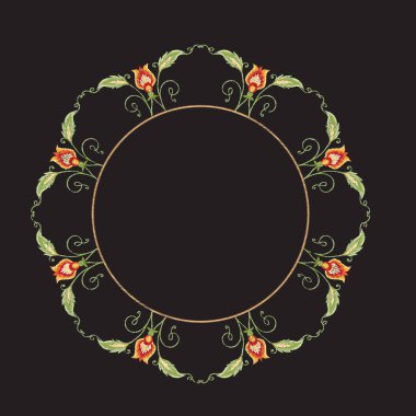 Çiçek dekoratif öğeler jacobean nakış tarzında fantastik çiçek desenli, vintage, eski, retro tarzı. Nakış taklit boyun hattı için. Vektör çizim.