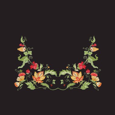 Çiçek dekoratif öğeler jacobean nakış tarzında fantastik çiçek desenli, vintage, eski, retro tarzı. Nakış taklit boyun hattı için. Vektör çizim.