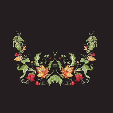 Çiçek dekoratif öğeler jacobean nakış tarzında fantastik çiçek desenli, vintage, eski, retro tarzı. Nakış taklit boyun hattı için. Vektör çizim.